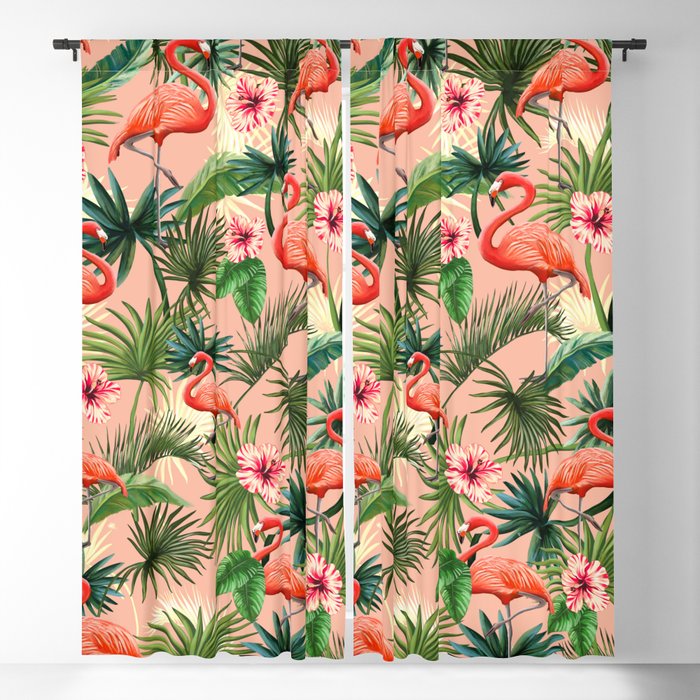 Pink flamingoes, tropical palm leaves, retro, Hollywood style,  Blackout Curtain