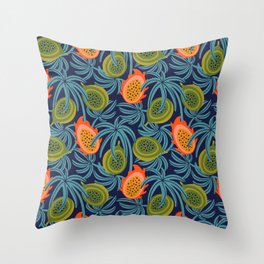 LILIKOI AND DRAGONFRUIT Exotic Tropical Fruit Botanical with Palm Leaves in Green Orange Yellow Blue - UnBlink Studio by Jackie Tahara Throw Pillow