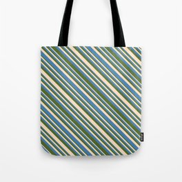 [ Thumbnail: Bisque, Blue, and Dark Olive Green Colored Lines/Stripes Pattern Tote Bag ]