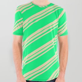 [ Thumbnail: Tan & Green Colored Striped Pattern All Over Graphic Tee ]