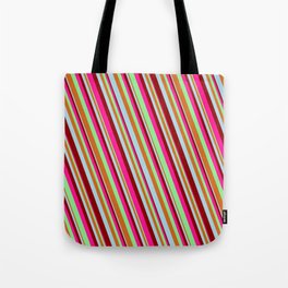 [ Thumbnail: Eye-catching Deep Pink, Light Green, Chocolate, Light Blue & Dark Red Colored Lines/Stripes Pattern Tote Bag ]
