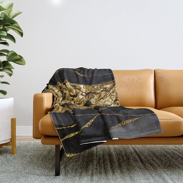 Girly Trend - Black Marble And Gold Metallic Foil  Throw Blanket