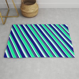 [ Thumbnail: Green, Light Cyan, Blue & Dark Slate Blue Colored Lines/Stripes Pattern Rug ]