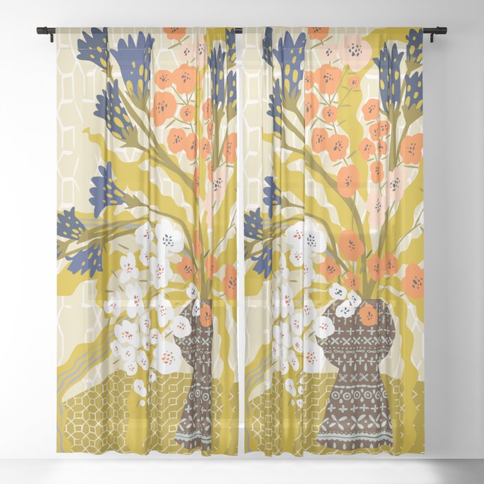 Matisse Flower Vase modern Illustration mustard yellow Sheer Curtain