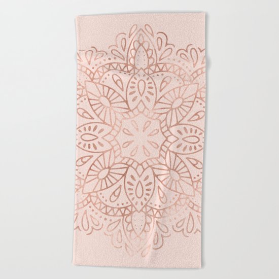 Mandala Rose Gold Pink Shimmer on Blush Pink Beach Towel