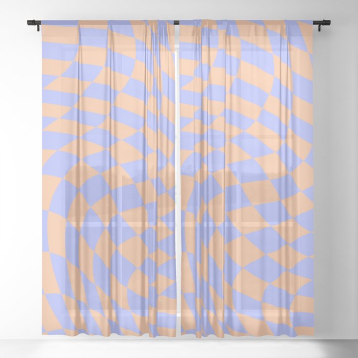 Pastel blue and orange swirl checker Sheer Curtain