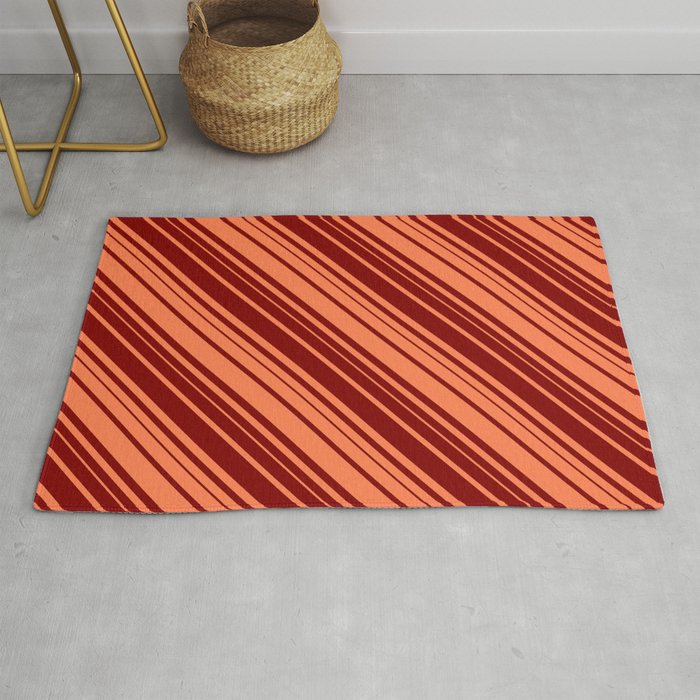 Coral & Maroon Colored Lined/Striped Pattern Rug