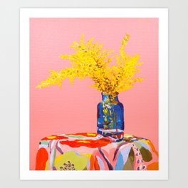 Pink Fuzzy Still Life | Golden Wattle Flower | Australian Native Flowers Art Print