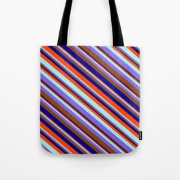 [ Thumbnail: Red, Turquoise, Medium Slate Blue, Brown & Dark Blue Colored Striped/Lined Pattern Tote Bag ]