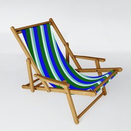 [ Thumbnail: Colorful Sky Blue, Mint Cream, Aquamarine, Blue & Dark Green Colored Striped/Lined Pattern Sling Chair ]