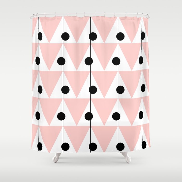Large Retro Triangles Pattern No. 1 Pink, Black And White Shower Curtain