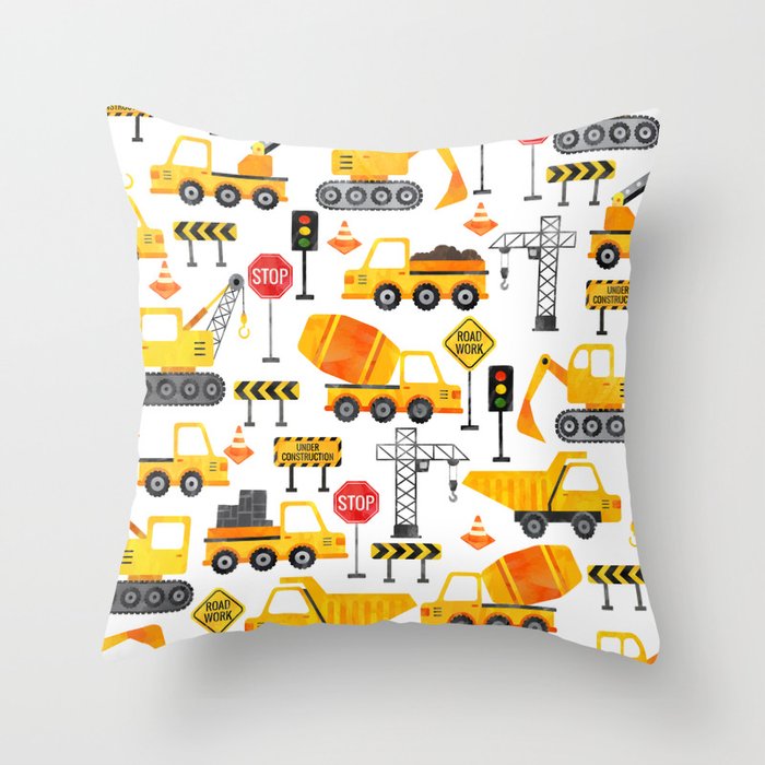 Watercolor Construction Vehicles Throw Pillow