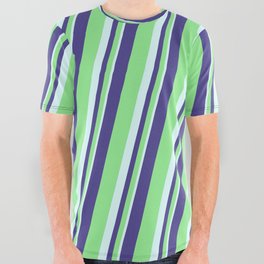 [ Thumbnail: Dark Slate Blue, Light Green & Light Cyan Colored Lined Pattern All Over Graphic Tee ]
