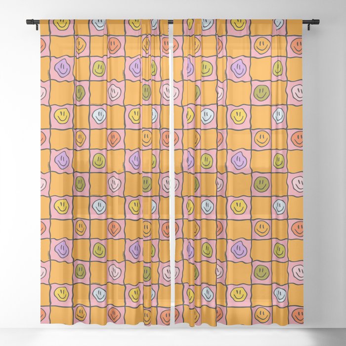 Pink Happy Face Checkered Print Sheer Curtain