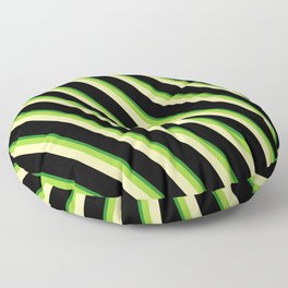[ Thumbnail: Green, Pale Goldenrod, Black, and Forest Green Colored Pattern of Stripes Floor Pillow ]
