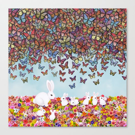 bunnies, flowers, and butterflies Canvas Print