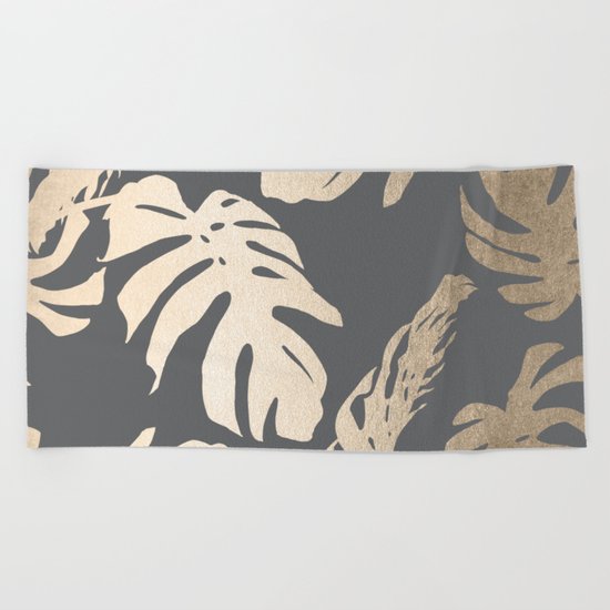 Simply Tropical Palm Leaves White Gold Sands on Storm Gray Beach Towel