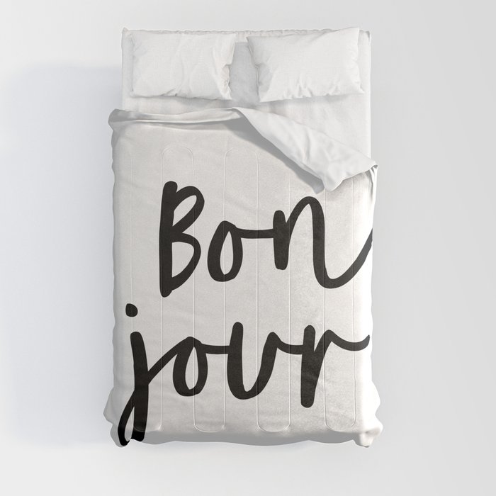 Bonjour black and white monochrome typography poster home wall decor bedroom minimalism Comforter
