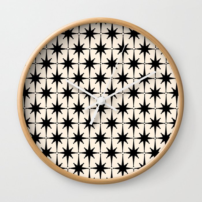 Midcentury Modern Atomic Age Starburst Pattern in Black and Almond Cream Wall Clock