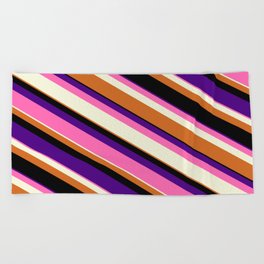 [ Thumbnail: Colorful Indigo, Hot Pink, Beige, Chocolate & Black Colored Lined Pattern Beach Towel ]