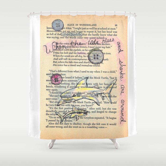 Alice in Wonderland antique book page with Sharks etc drawn on  Lobster Quadrille  Shower Curtain