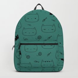 Green Blue and Black Doodle Kitten Faces Pattern Backpack