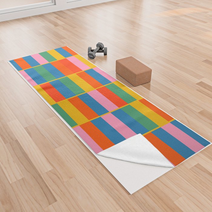 Long Blocks Colourful Geometric Check Pattern in Rainbow Pop Colors Yoga Towel