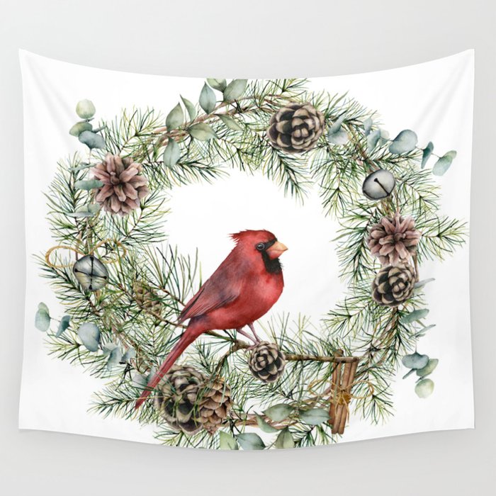 Cardinal Christmas Wreath, Floral Prints Wall Tapestry