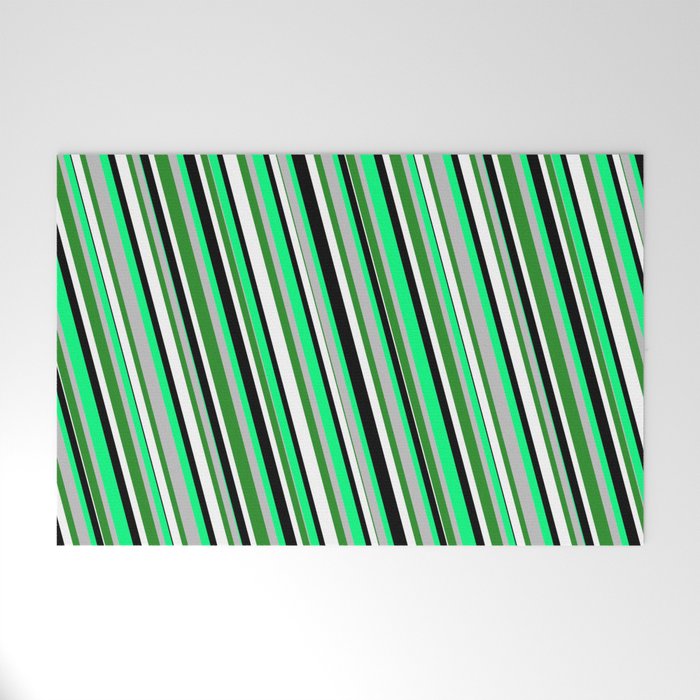Eye-catching Green, Grey, Forest Green, White, and Black Colored Stripes/Lines Pattern Welcome Mat