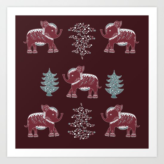 Elephants, trees and flowers Art Print