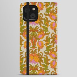 Orange, Pink Flowers and Green Leaves 1960s Retro Vintage Pattern iPhone Wallet Case