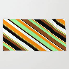 [ Thumbnail: Eyecatching Mint Cream, Dark Orange, Green, Brown, and Black Colored Lines/Stripes Pattern Beach Towel ]