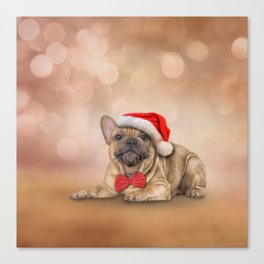 Drawing dog French Bulldog in red hat of Santa Claus Canvas Print