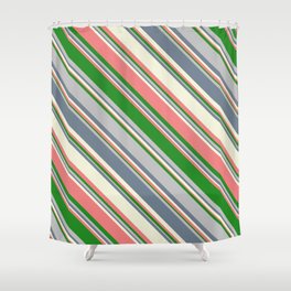 [ Thumbnail: Eye-catching Beige, Light Coral, Forest Green, Grey, and Slate Gray Colored Lined/Striped Pattern Shower Curtain ]