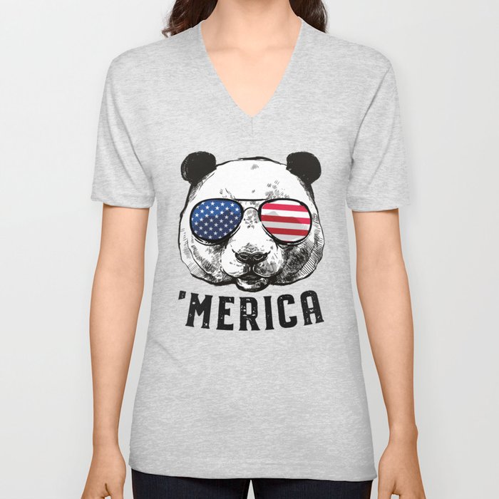 Panda Bear American Flag 4th of July Merica Sunglasses Gift V Neck T Shirt
