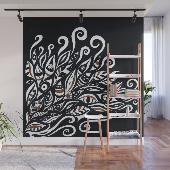Doodle White Ink Black Paper Bohemian Wall Mural