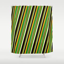 [ Thumbnail: Orange, Forest Green, Pale Goldenrod, and Black Colored Lined/Striped Pattern Shower Curtain ]