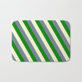 [ Thumbnail: Light Yellow, Slate Gray, and Green Colored Lined Pattern Bath Mat ]