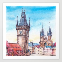 Prague aerial view - ink & watercolor illustration Art Print