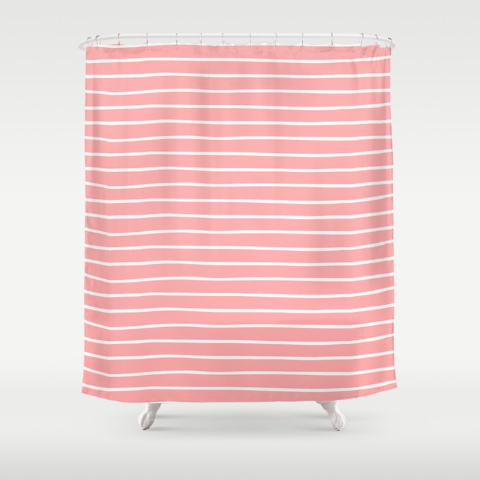 Pink and White Handdrawn Stripes Shower Curtain