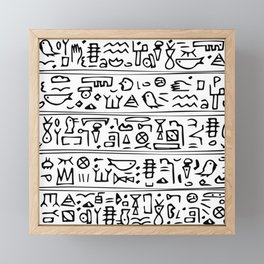 Ancient hand-drawn black line seamless pattern with Hieroglyphs symbols of people, animals and abstract signs similar to Egyptian on white background Framed Mini Art Print