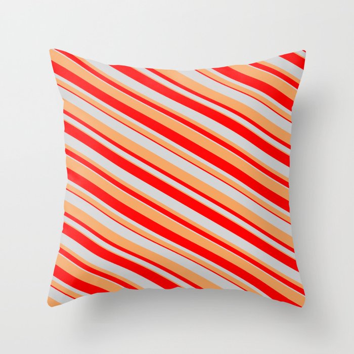 Light Grey, Brown & Red Colored Lines Pattern Throw Pillow