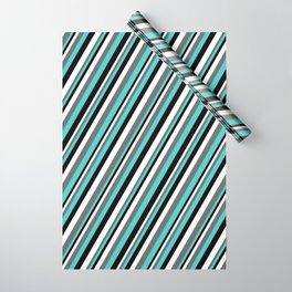 [ Thumbnail: White, Dim Gray, Turquoise, and Black Colored Lined Pattern Wrapping Paper ]