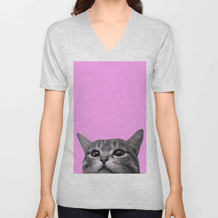 Curious Cat V Neck T Shirt