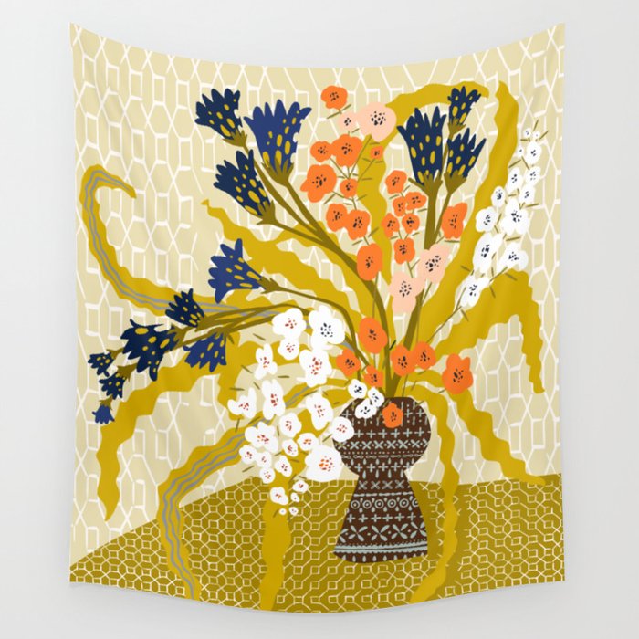Matisse Flower Vase modern Illustration mustard yellow Wall Tapestry