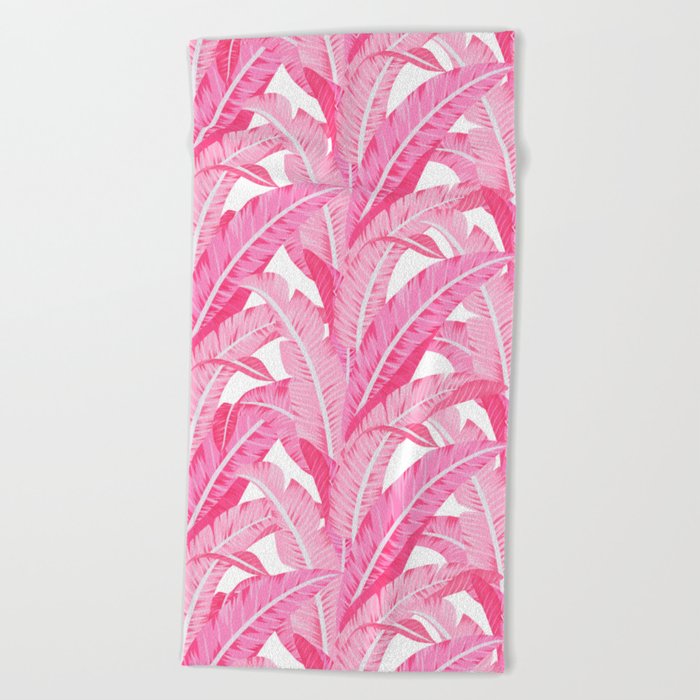Pink banana leaves tropical pattern on white Beach Towel