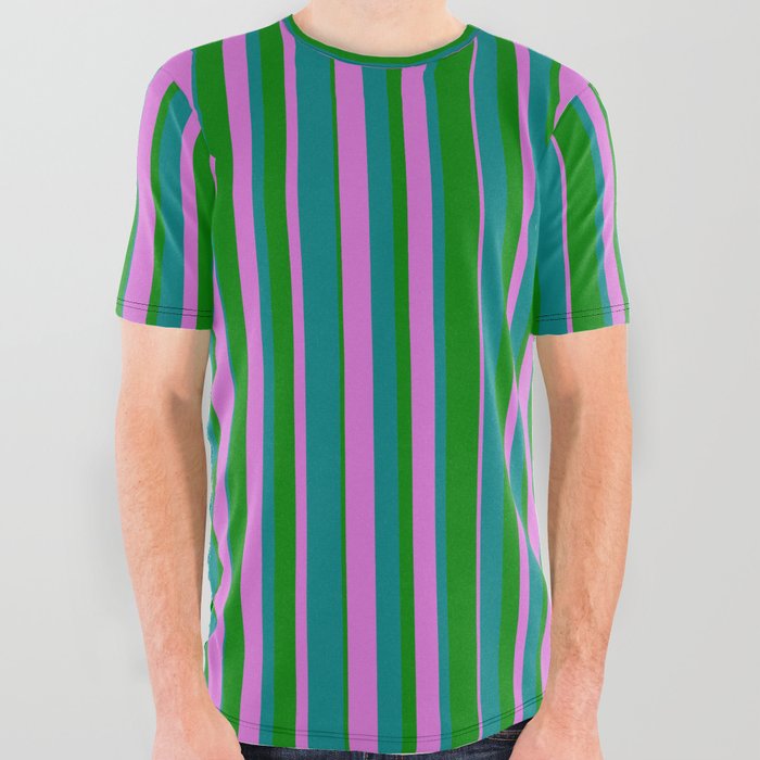 Green, Orchid, and Teal Colored Lines Pattern All Over Graphic Tee