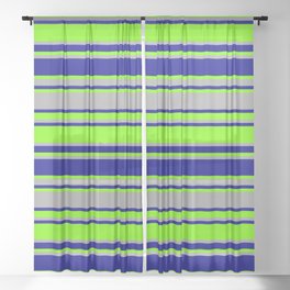 [ Thumbnail: Green, Dark Grey & Dark Blue Colored Lines/Stripes Pattern Sheer Curtain ]
