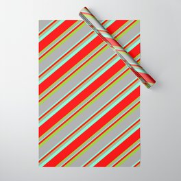 [ Thumbnail: Dark Gray, Aquamarine, Red & Green Colored Lines Pattern Wrapping Paper ]