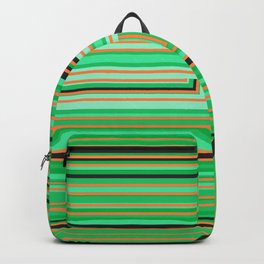  GREEN AND ORANGE PARALLEL STRIPES TURN IN RIGHT ANGLE, WITH TWO BLACK RIGHT ANGLE TRIANGLES Backpack | Stripedgeometry, Graphicdesign, Stripedpattern, Greenparallel, Blacktriangles, Parallellines, Patterngeometry, Parallelstripes, Parallelgeometry, Linespattern 